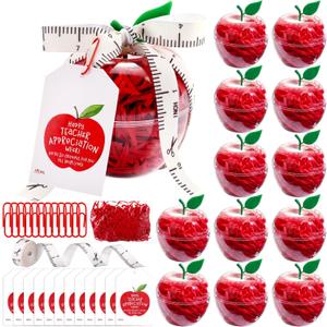 Briwooody 12 Sets Clear Apple Gift Boxes for Teacher Appreciation Week, Plastic Candy Containers Bulk with Tags, Thank You Teacher Gifts for Staff Classroom Party Favors
