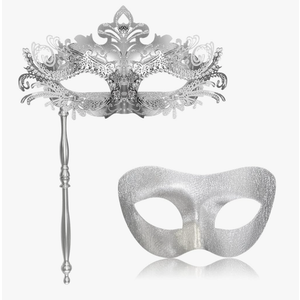 FunMular Couple Masquerade Mask with Holding Stick Metal Masks Halloween Costume Venetian Mardi Gras Mask for Women and Men