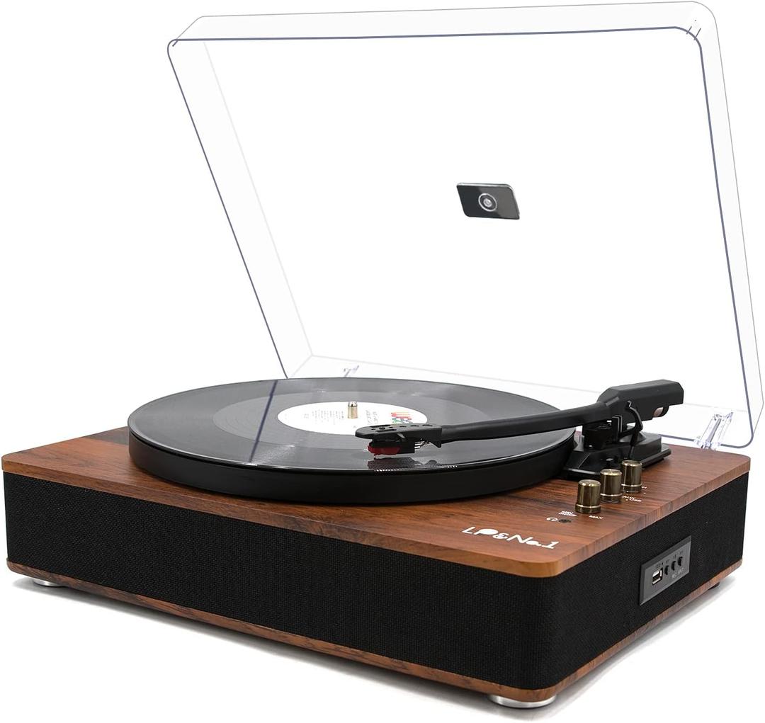 LP&NO.1 Record Player Turntable with Built-in Speakers and USB Play&Recording Belt-Driven Vintage Phonograph Record Player 3 Speed for Entertainment and Home Decoration, Mahogany Wood