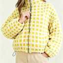 Esmeling Womens Long Sleeve Cropped Sherpa Fleece Plaid Jacket Casual Chunky Teddy Fleece Outerwear (M)
