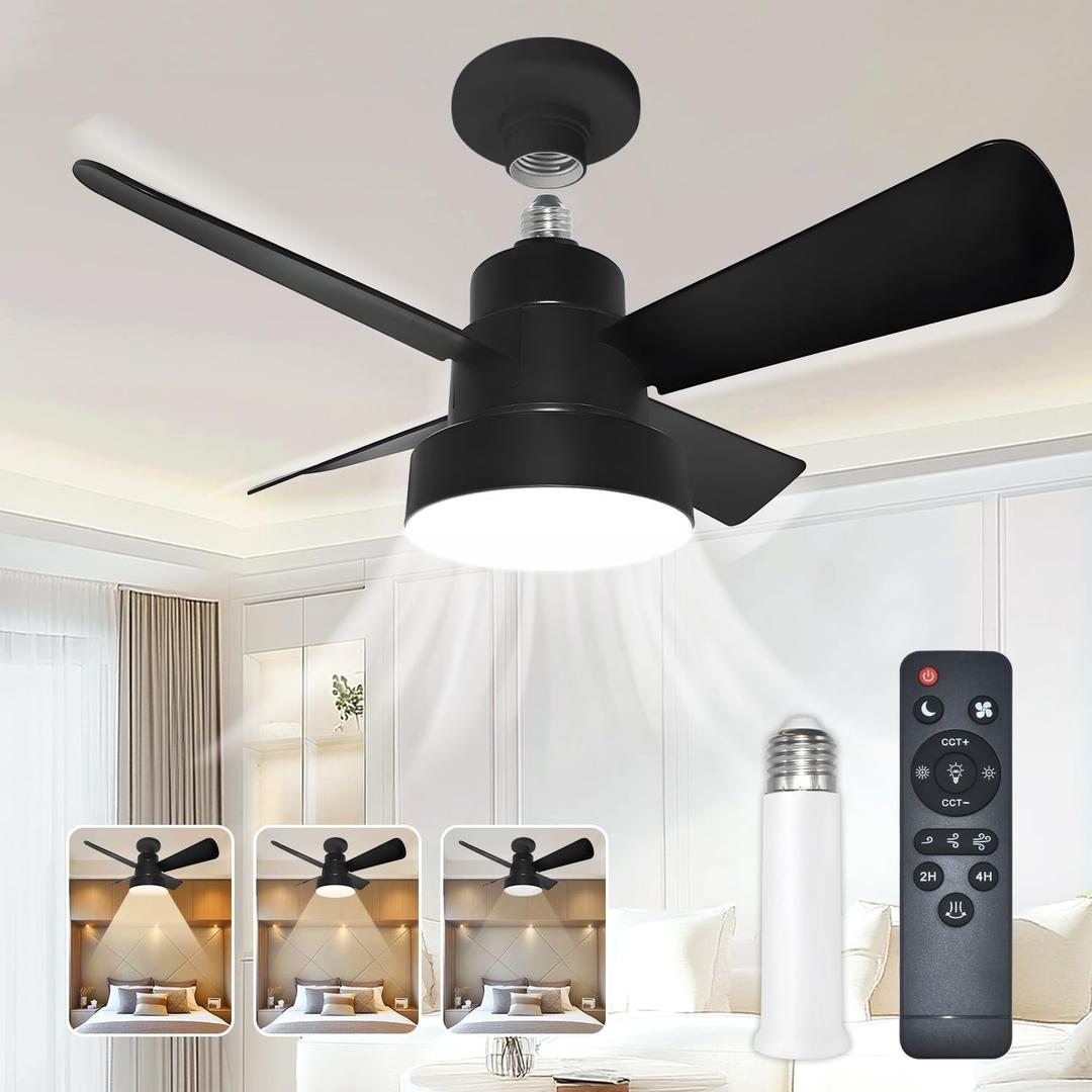 Socket Fan Light with Remote- Black- Dimmable LED Bulb- Screw in Ceiling Fan in Light Socket- for Bathroom Bedroom Kitchen Laundry