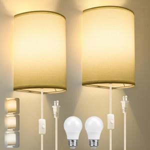 Plug in Wall Sconce, 3 Color, Set of Two, Industrial Wall Lamp with Plug in Cord, Rustic Fixture, On/Off Switch Vintage Wall Light Fixture for Headboard Bedroom Porch (White)