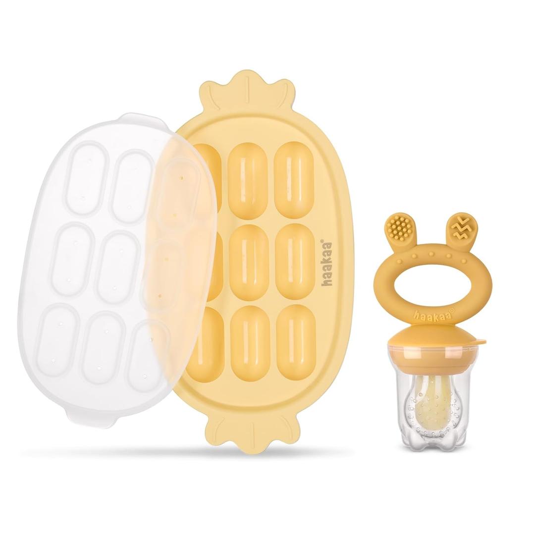 Haakaa Baby Fruit Food Feeder & Silicone Nibble Tray Combo - Breastmilk Popsicle Mold for Baby Cooling Relief, BPA Free Baby Mesh Feeder for Infant Self Feeding (Yellow)