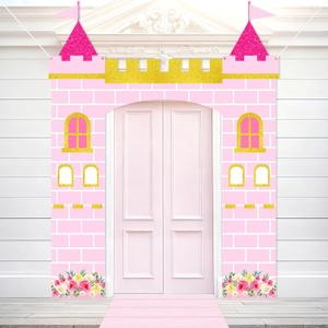 Pink Princess Door Banner Princess Party Decorations Pink Castle Door Covers Runner Floral Castle porch Banner Girl Birthday Hanging Backdrop Photo Booth for Floral Girl Baby Shower Party Supplies