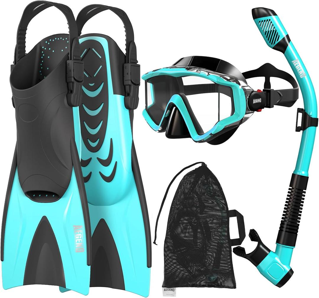 Aegend 4-in-1 Snorkeling Gear for Adult Men Women with Travel Mesh Bag | Anti-Fog Panoramic Mask Set, Adjustable Fins & Dry Top Snorkel All-in-One Travel Snorkel for Swimming, Diving & Snorkeling