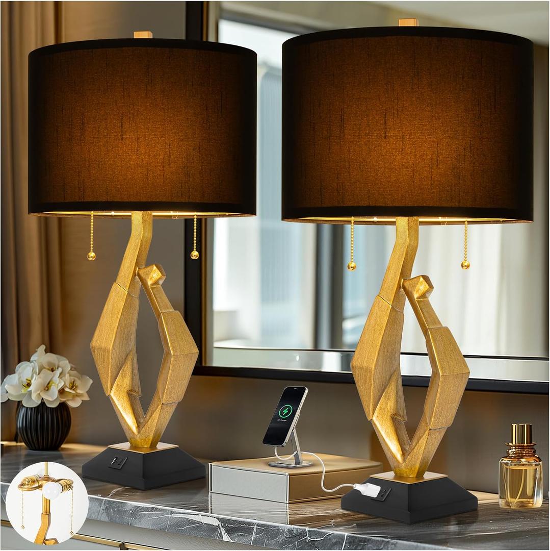 Sculptural Table Lamp Set of 2 with USB Ports For Living Room, Gold Leaf Finish Farmhouse Bedside Lamps with S Cluster Pull Chains Switch for Bedroom, Rustic Nightstand Lamp for Office, Hotel, Bar