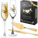 Mr and Mrs Champagne Flutes, Wedding Cake Knife and Server Set, Bride and Groom Champagne Glasses, Cake Cutting Set for Wedding, Bridal Shower Gifts, Engagement Gifts for Couples (Gold, Set of 4)