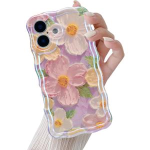 QLTYPRI Case for iPhone 16, Laser Colorful Retro Oil Painting Flower Pattern Cute Curly Wave Border Exquisite Phone Case for Girls Women, Shockproof TPU Protective Phone Cover - Pink