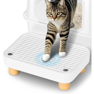 Litter Box Step, Litter Box Ramp/Catcher with Wooden Base, Anti-Tracking & Easy to Clean, Ideal for Small & Elderly Cats (White)