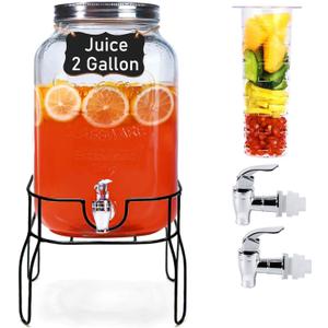 2 Gallon Glass Drink Dispensers for Parties, Sun Tea Glass Jar for Outside Beverage Dispenser with Stand+Lid 2 Press-Spigots(Easy for kids) Fruit Infuser, Beverage Dispensers-Mason Jar