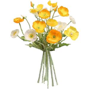 6pcs Artificial Poppy Silk Flowers With Stems - Faux Spring Blooms for Home Kitchen Table Centerpieces, Floral Arrangements, Wedding Bouquets and Mixed Decorations (Yellow-white)
