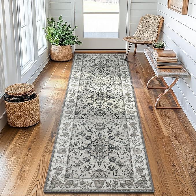 Vintage Runner Rug for Hallway Washable 2x6 Area Rug Non Slip Kitchen Rug with Rubber Backing Soft Non Shedding Mat Floral Carpet Runner for Entrance Kitchen Bedroom Laundry Room Gray
