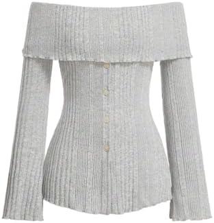 SKAYS Womens Off The Shoulder Long Sleeve Shirt Going Out Y2k Top Fall Ribbed Fitted Pullover Button Front Tee, XS