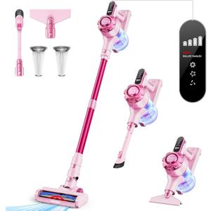 Cordless Vacuum Cleaner, 8-in-1 Lightweight Stick Vacuum with 45mins Runtime, Powerful Suction, Rechargeable Cordless Vacuum for Carpet, Tile, Pet Hair, Hardwood Floors, Pink