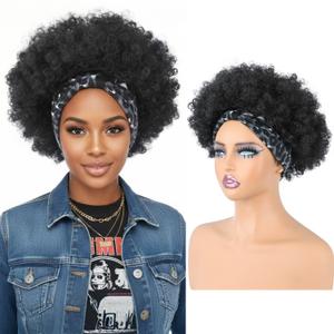 Afro Curly Headband Wig for Black Women,Short Kinky Curly Synthetic Wig with Super Elastic Headband Glueless Quick Wear And Go Fluffy Bouncy Afro Wig for Daily Party(1B-Black) (6 Inch)