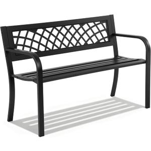 Garden Bench,Outdoor Benches,Iron Steel Frame Patio Bench with Mesh Pattern and Plastic Backrest Armrests for Lawn Yard Porch Work Entryway, Black