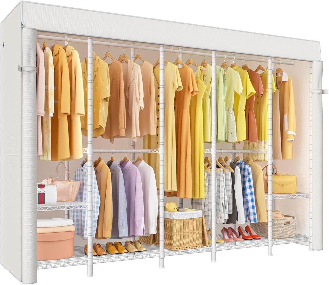 H50C Extra Large Clothes Rack with Cover, Freestanding Portable Closet, Covered Clothing Racks for Hanging Clothes, Heavy Duty Garment Rack, Wardrobe Closet with White Cover Max Load 1350 Lbs