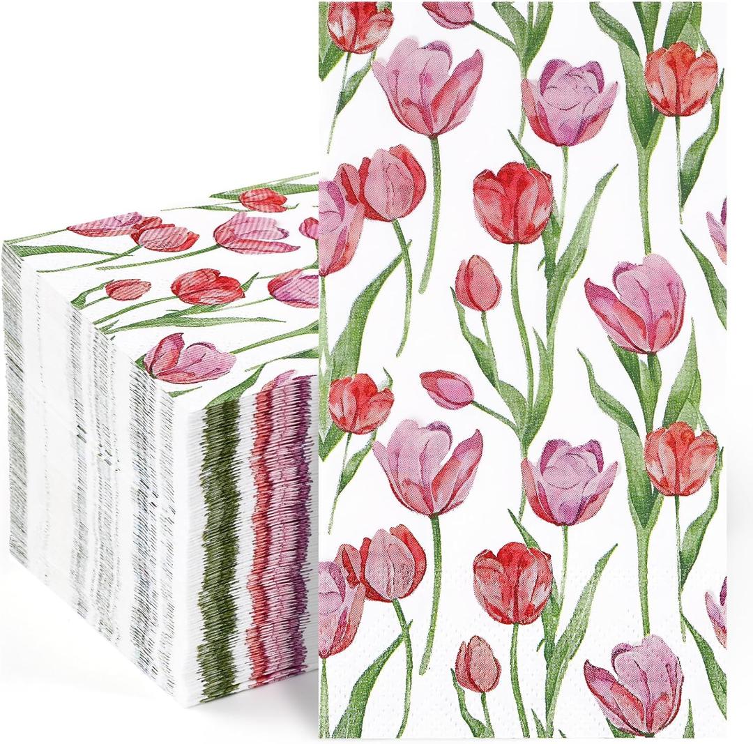 Homlouue 100PCS Tulip Napkins Floral Paper Napkins, 3Ply Flower Napkins, Bathroom Napkins Guest Disposable, Floral Dinner Napkins for Birthday Wedding Summer Spring Party, Floral Napkins Decorative