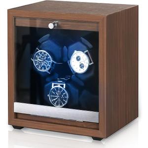 3 Watch Winder for Automatic Watches Wooden Automatic Watch Winder with Super Quiet Japanese Motor, 4 Rotation Mode, Blue LED Light, Memory Foam Pillows for Man & Woman