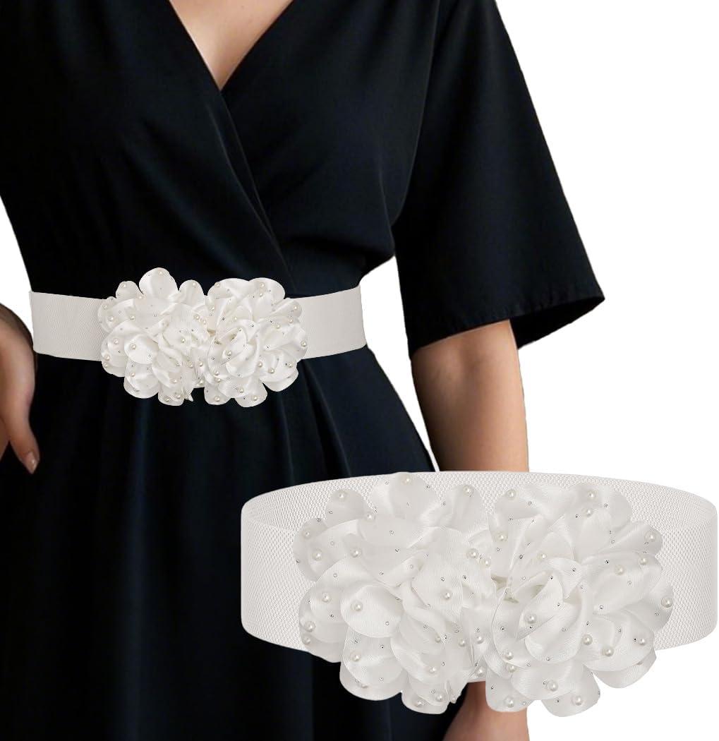 Wide Elastic Flower Belt Stretchy Pearl Waist Belt Stylish Jewelry Accessory for Women Dress, Size: L:fit waist size 34-46 in