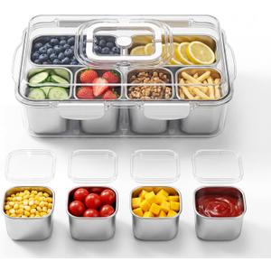 Snackle Box Container, 6-Compartment Stainless Steel Tray with Lid & Handle, Portable Divided Serving Platter for Fruit, Veggie, Candy - Perfect for Travel, Party, Beach