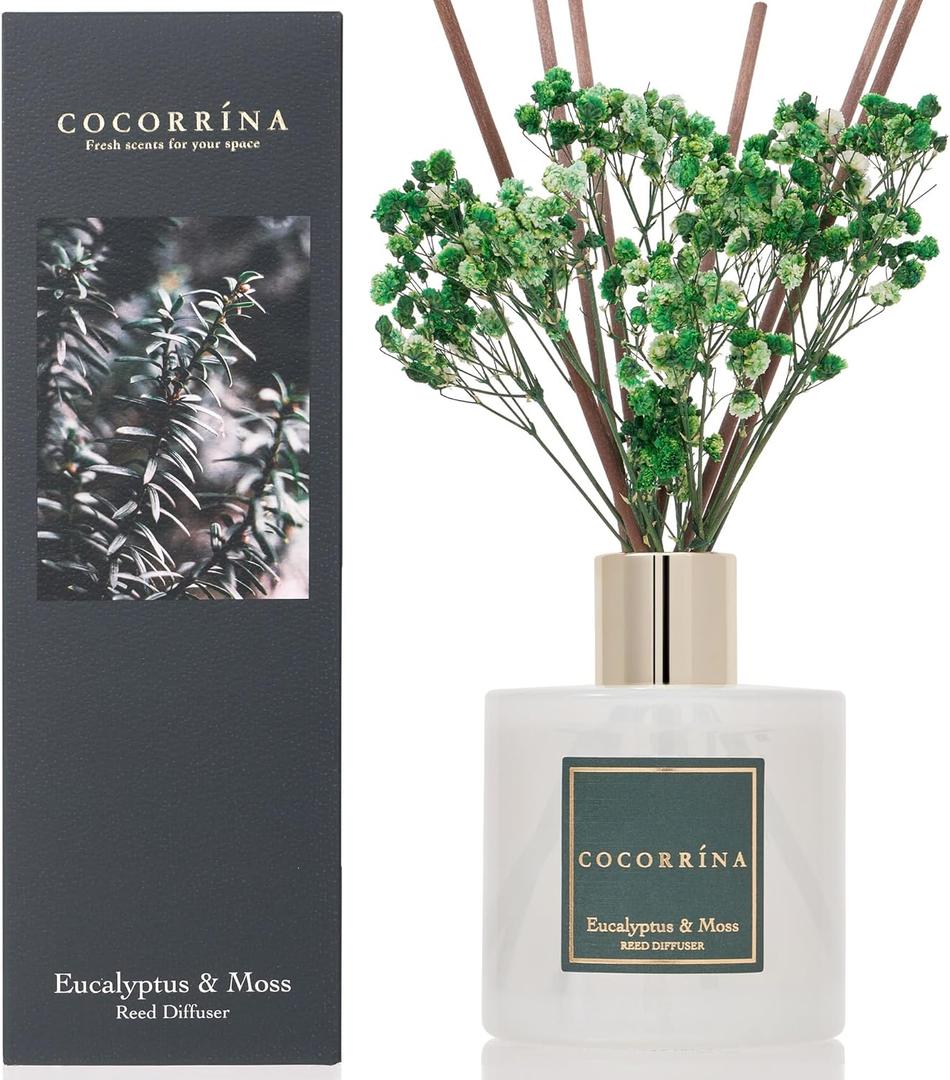 Cocorrna Reed Diffuser Sets- Eucalyptus & Moss Scented Diffuser with Sticks Home Fragrance Reed Diffuser for Bathroom Shelf Decor (Flower/6.7 Ounce/1pack)