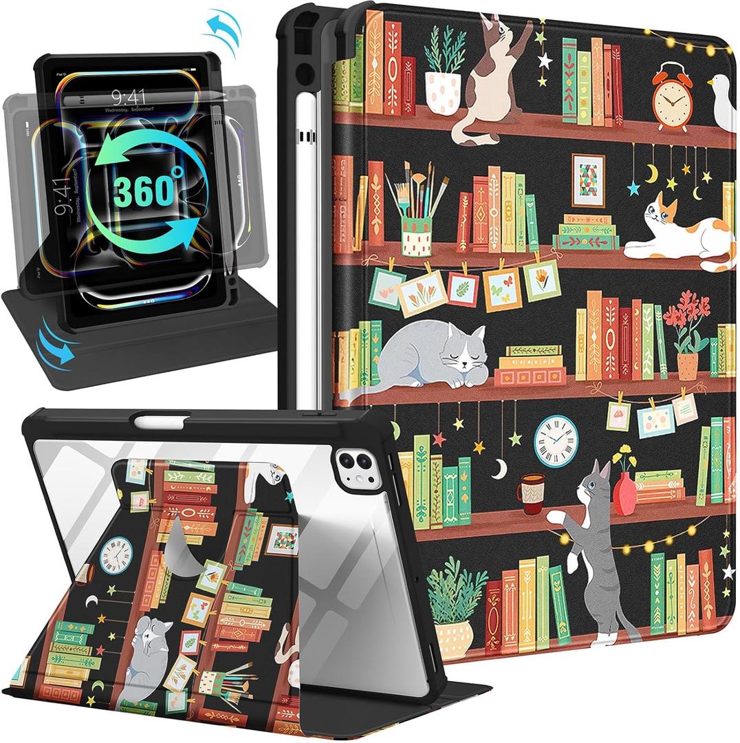 Kidcube for iPad Pro 13 Inch Case M4 2024 - for Women Girls Kids Cute Folio Cover with Pencil Holder Girly Cartoon Kawaii Cats Design Rotating Stand for iPad Pro 13 Inch Case 2024 (A2925 A2926 A3007)