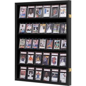 VERANI 35 Baseball Card Display Case - Graded Sports Card Display Frame - Holds Sport Cards with UV Protection Clear View Lockable Wall Cabinet for Football Basketball Hockey Trading Card Large Black