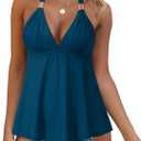 RXRXCOCO Women Halter Tankini Swimsuits Tummy Control Swimsuit Flowy V Neck Bathing Suits (Small, Blue Floral)