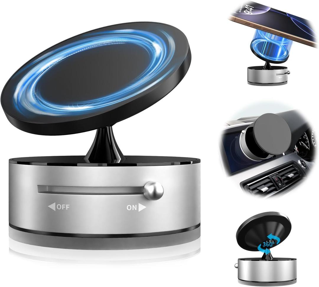 2 x 360 Rotatable Vacuum Magnetic Phone Holder for Car, One-Hand Operation Suction Phone Mount, Strong Magnetic Car Phone Stand for iPhone, All Smartphones (Gym/Airplane/Gym/Desktop/Any Surface)