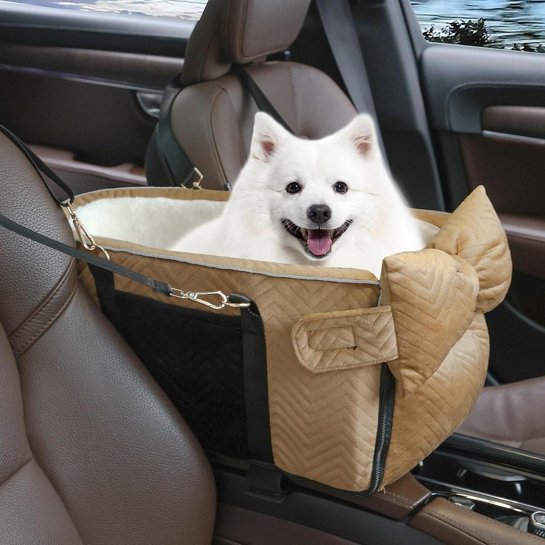 Dog Car Seat for Small Dogs Adjustable Portable Center Console Dog Car Seat Removable Cat Booster Cars Seats - Safety Belt with Cushion Anti-Collapse for Puppy Kitten Up to 15 Lbs, Brown Quilted "V" pattern