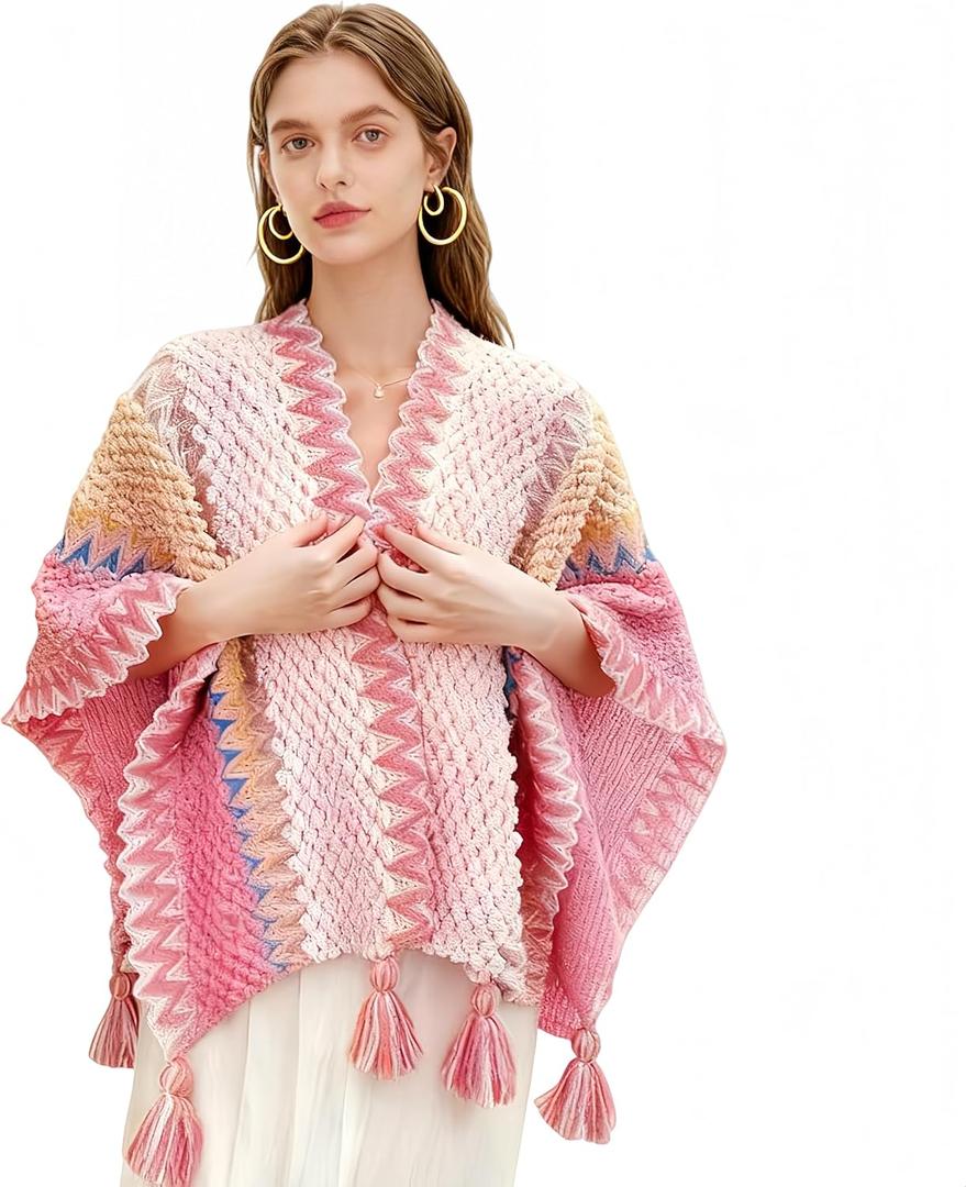 Women's Knitted Shawls Scarf Poncho Sweater Knit Cape Fall Winter Pullover Knitting Cardigan with Tassel