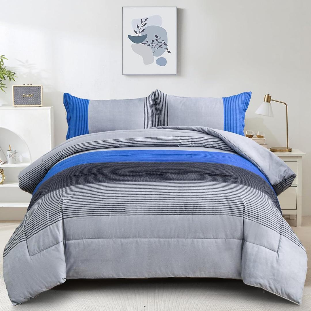 WONGS BEDDING Blue Comforter Set Queen, Reversible Blue Grey Striped Patchwork Alternative Comforter for Queen Bed,3 Pieces (1 Comforter+2 Pillowcases), Soft Microfiber Bedding Duvet Set 90"90"