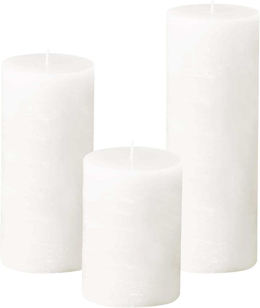 Simply Soson 3x4, 3x6, 3x8 inch White Pillar Candles, Set of 3 Pillar Candles, Rustic Texture, Unscented White Candles, Dripless Candles, Ideal as Wedding, Parties, Spa, Dinner, Home Decor, Church