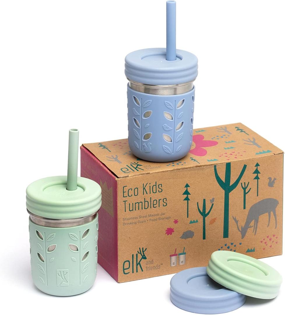 Elk and Friends 10oz Stainless Steel Kids + Toddler Drinking Cups | The Original Mason Jar with Sleeves + Lids | Silicone Straws | Smoothies | Storage Jar | Spill Resistant | Dishwasher Safe | Sage/Misty Blue, 10oz
