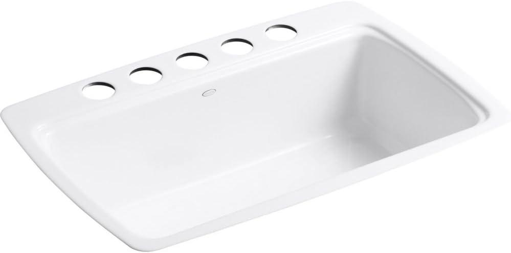 KOHLER K-5864-5U-0 Cape Dory 33" Undermount Single Bowl Kitchen Sink, White, 9" Depth, Five oversized faucet holes