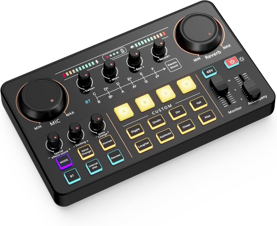 SINWE Streaming Audio Mixer,RGB audio Interface with Pro-preamp, 48V Phantom Power for Live Streaming, Individual Control, Voice Changer, 4 Customize sound pads for Podcast/Recording/Vocal/Game