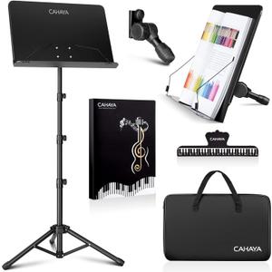CAHAYA 5 in 1 Heightened Dual-use Sheet Music Stand & Desktop Book Stand Metal Portable Solid Back with Height Adjustable from 31.4-67in Including Carrying Bag, Sheet Music Folder & Clip CY0304 (Higher Version, Black)