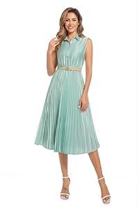 AbleTree Women's Satin Midi Dress Sleeveless Elegant Shirt Collar Pleated A Line Dress with Belt for Office Work Business Casual Wedding Guest Party Sage Green XXL