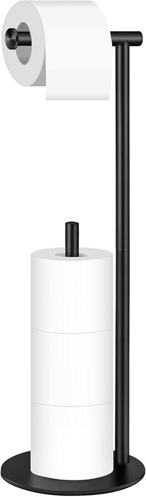 Toilet Paper Holder Stand, Free Standing Black Toilet Paper Roll Holder with Storage, Modern Stainless Steel Floor Bathroom Toilet Paper Stand Tissue Roll Holder for 4 Rolls, YOFOVI