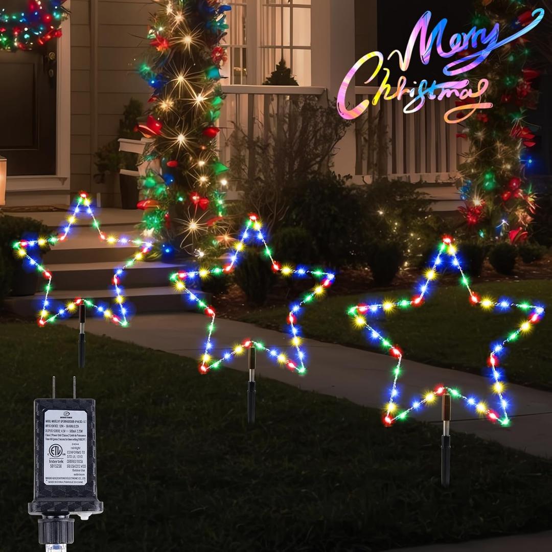 Wuhoo Pathway Lights 3 Pack Christmas Pathway Star Lights Christmas Decorations 8 Modes Waterproof Led Garden Stake Lights for Outdoor Walkway Yard Lawn Porch Party (Multicolor)