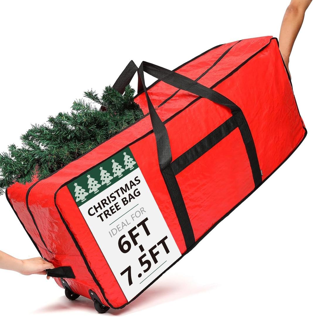 HOMEST Christmas Tree Storage Bag, Fits for 6/7.5 ft Xmas Artificials, Zippered Bag with Reinforced Carrying Handles and Wheels, Red (Bag Only)