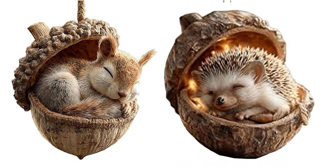 3D Forest Animal Acorn Ornaments, Cozy Forest Christmas Ornaments and Crafts, Lovely Sleeping Animal Resin Hanging Decor, 3D Rustic Nature Themed Christmas Tree Decoration