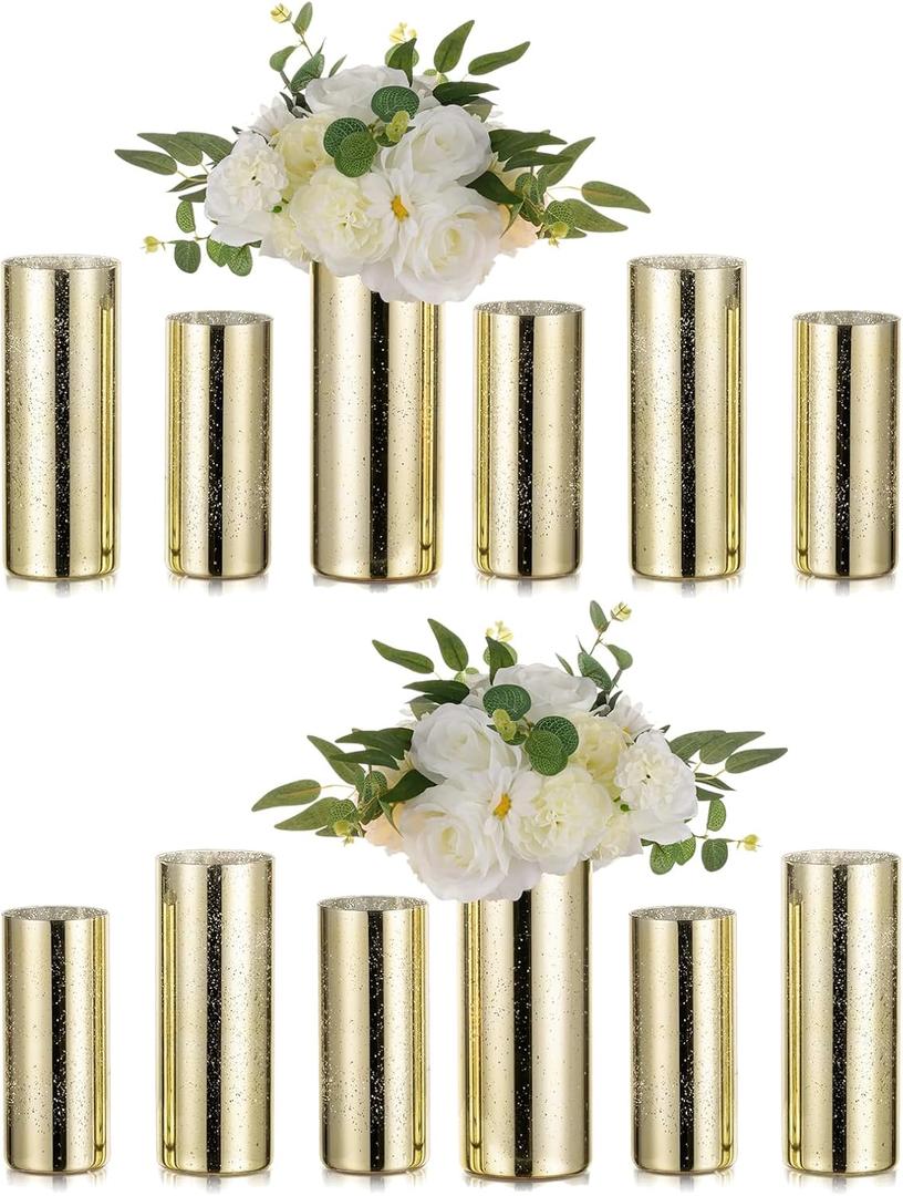 Glass Cylinder Vases Set of 12, Hewory Glittery Gold Vase for Centerpieces, Glass Hurricane Candle Holders for Pillar Floating Candle, Tall Round Vase for Wedding Anniversary Events Home Table Decor