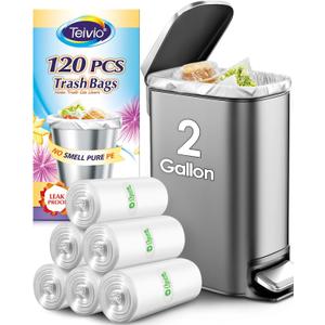 2 Gallon 120 Counts Strong Trash Bags Garbage Bags by Teivio, Bathroom Trash Can Bin Liners, Plastic Bags for home office kitchen, Clear