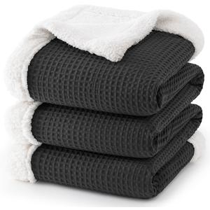 PHF Waffle Sherpa Blanket Queen Size, 90x90 Inches Luxury Plush Flannel Fleece Blanket for Winter, No Shed No Pilling, Cozy Soft & Reversible Waffle Weave Bedding for Home Decor, Black