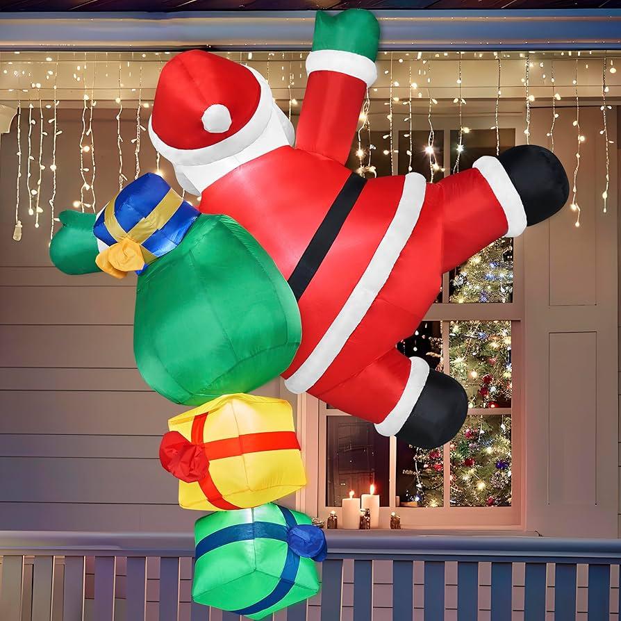 Joiedomi 6 FT Tall Christmas Inflatable Climbing Santa with Gift Bags, Blow Up Xmas Hanging Santa Outdoor Decorations with Buildin LEDs for Xmas Party Decor Yard Outside Garden Holiday Decorations