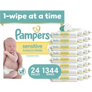 Pampers Sensitive Baby Wipes, Unscented, Fragrance Free, Clinically Proven, Water Based, Hypoallergenic, Multi-Use, Hand Wipes, 1344 Wipes Total (24X Flip-Top Packs)