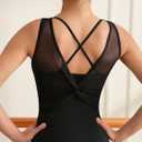 Women Dance Leotard Mesh Camisole Dancewear,Waist Mesh Splicing,Double Back Straps,Full Front Lining