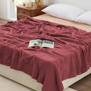 Love's cabin 100% Cotton Muslin Blanket, 6 Layer Lightweight Breathable Gauze Queen Size Blanket 88 x 88 Inches, Soft All Season Blanket for Bed, Wine Red